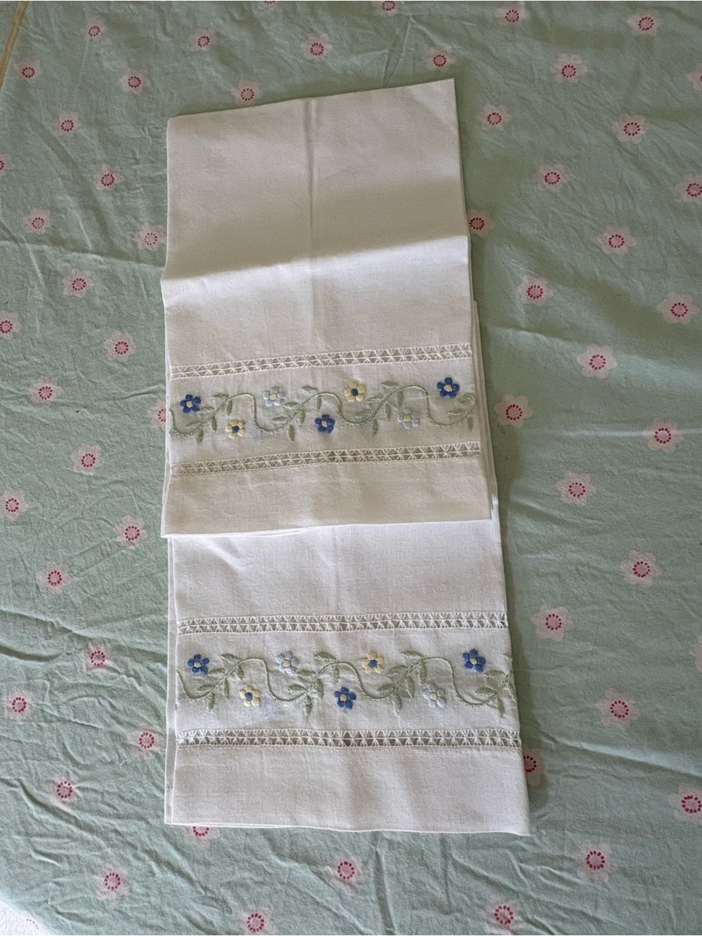 Two Embroidered Floral Linen Tea or Hand Towels - Blue & Green Detail